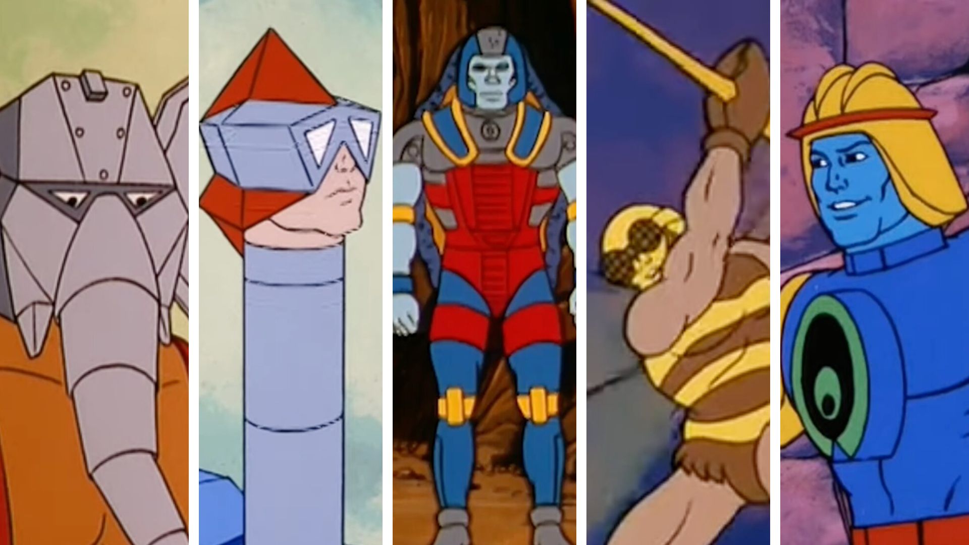 A split image showing five weird characters from He-Man and the Masters of the Universe. (L-R): Snout Spout, Mekaneck, the Rock People, Buzz-Off, and Sy-Klone.